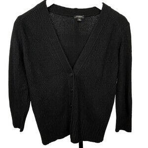Ann Taylor Sweater Cardigan Button Up‎ V Neck 3/4 Sleeve Wool Blend Black Medium